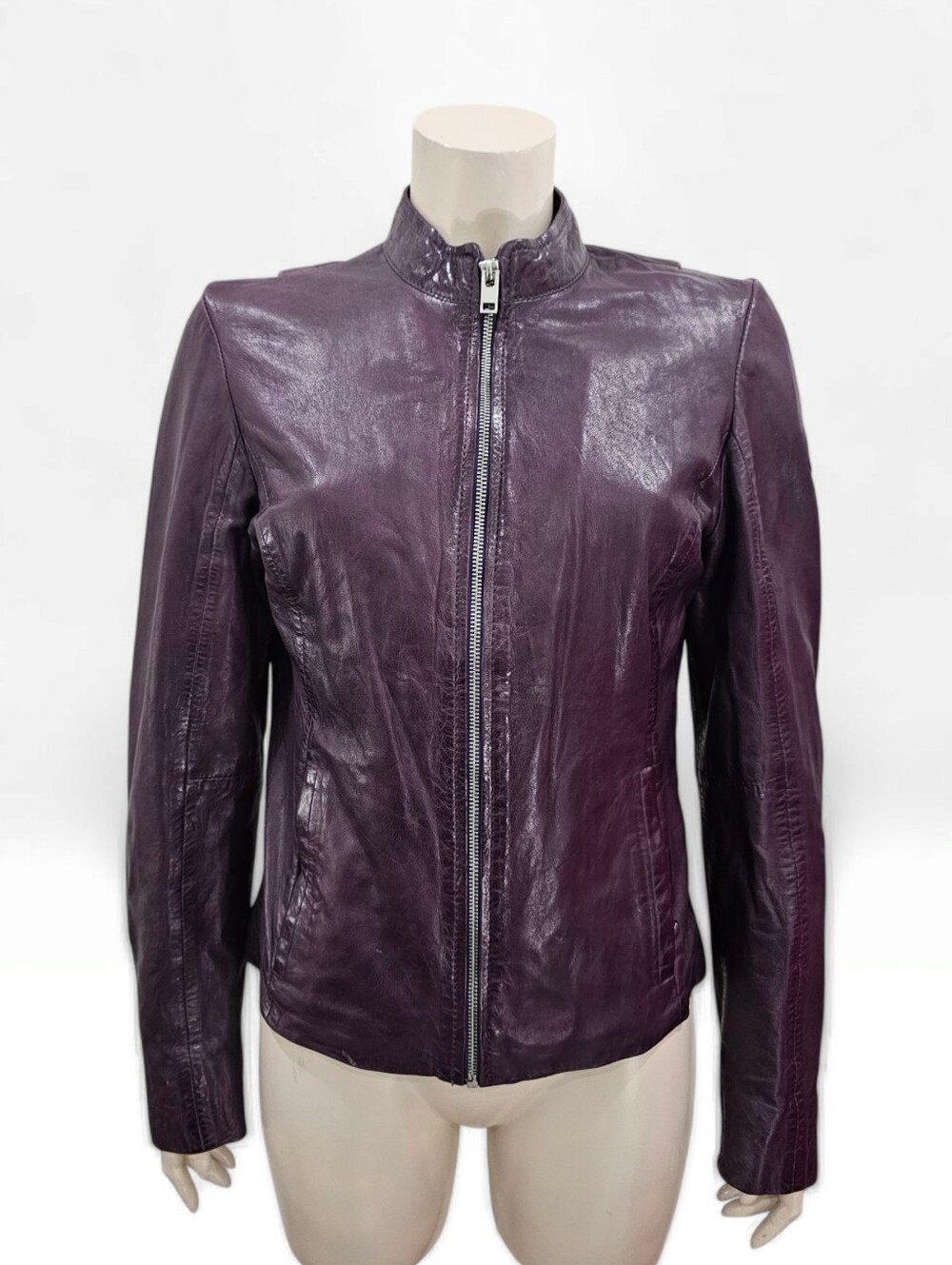 MAURITUS Women Purple Lamb Leather Biker Moto Jacket 10/L